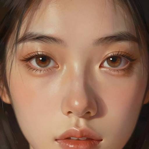 Digital portrait of an Asian woman with fair skin, large brown eyes, long eyelashes, and soft, glossy lips, framed by dark, slightly messy