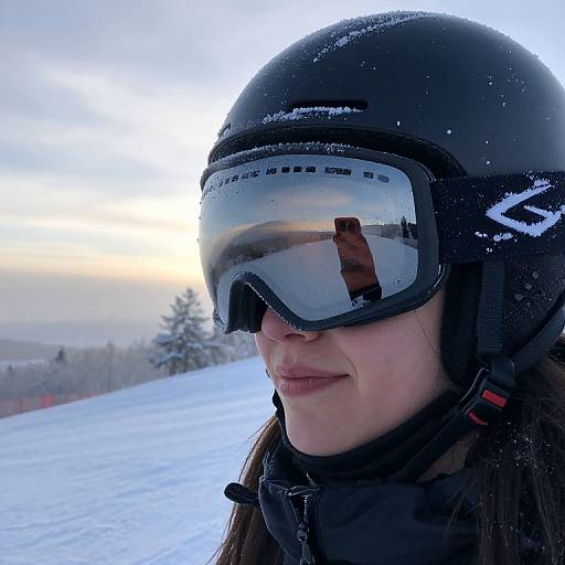 Photograph of a woman in a black helmet and ski goggles with snow on her face, smiling slightly, standing on a snowy mountain slope at sunset.