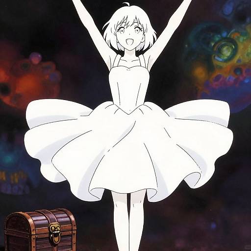 Digital anime-style drawing of a white-out, smiling ballerina with raised arms, wearing a voluminous dress, standing before a colorful, abstract space