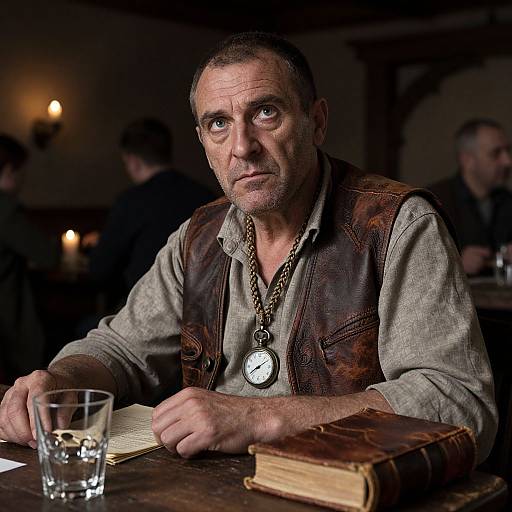 Photograph of a middle-aged, rugged man with receding hair, wearing a worn vest and chain necklace, sitting in a dimly lit tavern,