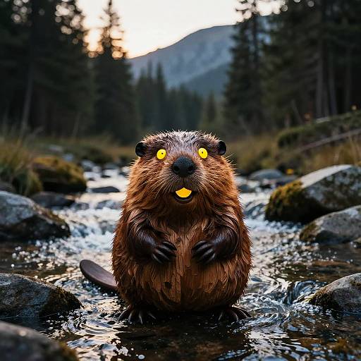 Cheerful Beaver Woodblock Print