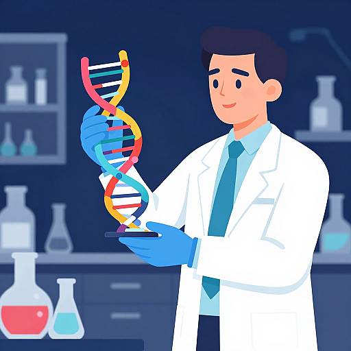 Digital illustration of a smiling male scientist with dark hair, wearing a white lab coat, blue gloves, and tie, holding a colorful DNA helix in