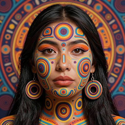 Photograph of a woman with long black hair, vibrant orange and blue face paint, circular patterns, and matching earrings, set against a colorful, circular