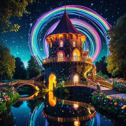 Spiraling Fairy Tower with Rainbow Light Ribbons
