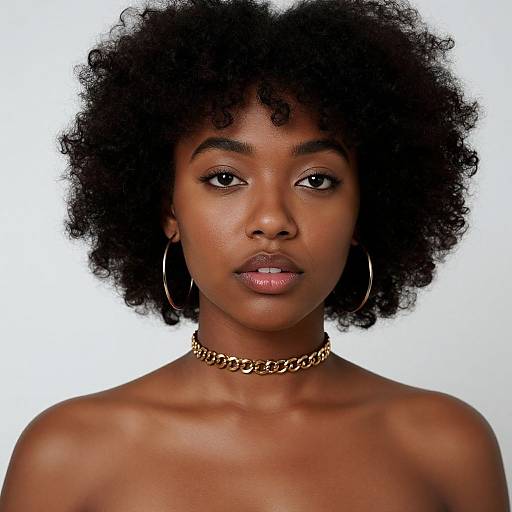 Photograph of a beautiful young Black woman with natural afro, dark skin, hoop earrings, gold chain choker, and glossy pink lips.