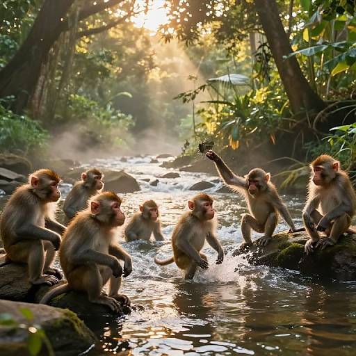 Photograph of six playful monkeys splashing in a sunlit, misty forest stream, surrounded by lush greenery and rocks. One monkey raises a