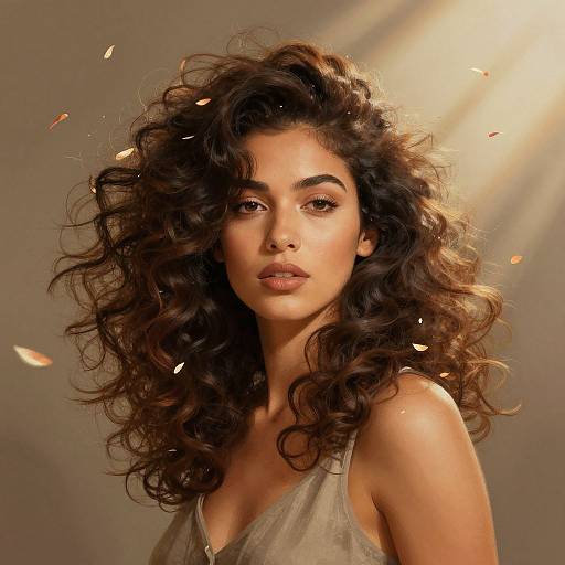 Photograph of a beautiful woman with voluminous, curly dark brown hair, wearing a gray tank top, illuminated by soft, golden light with floating petals