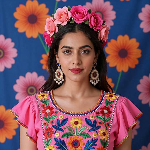 Woman in Pink Floral Dress with Headpiece