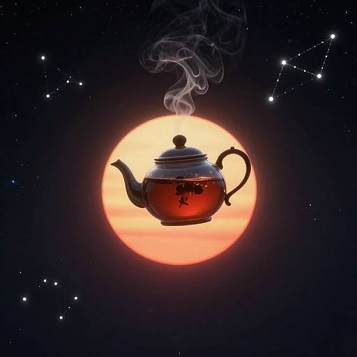 Photograph of a steaming, red tea kettle floating against a bright orange full moon, surrounded by a starry night sky.