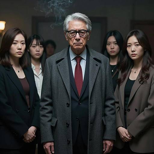 Serious Middle-aged Man with Surrounding Women in Dim Room