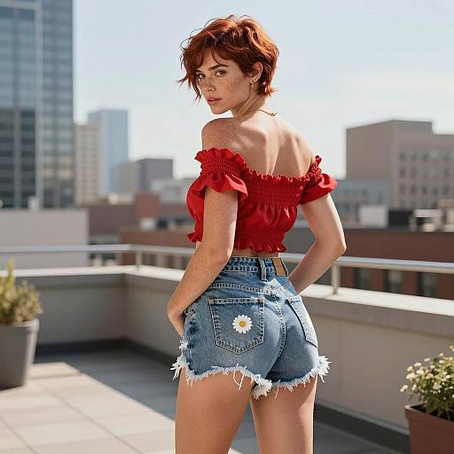Woman in Red Crop Top and Daisy Duke Shorts on Rooftop