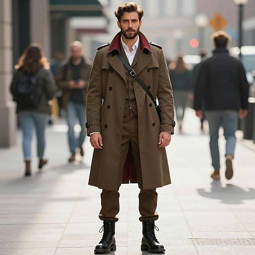 Stylish Man in Brown Military-Style Trench Coat