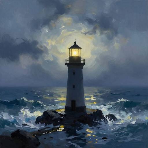 Digital painting of a glowing lighthouse standing amid turbulent, dark blue ocean waves under a stormy, cloudy night sky.
