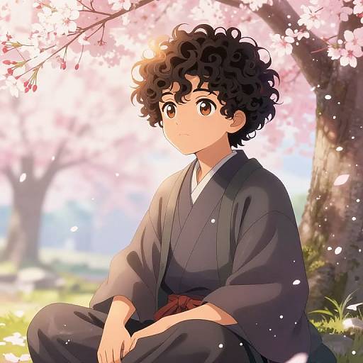 Anime-style drawing of a curly-haired boy in a black kimono, sitting under cherry blossom trees with sunlight filtering through petals.