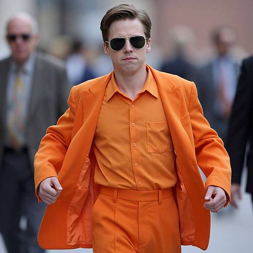 Photograph of a man in a bright orange suit and sunglasses, striding confidently in a blurred urban background. Retro 70s style, bold color