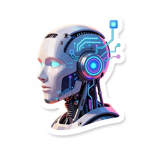 Digital illustration of a futuristic, glowing blue-eyed robot head with neon circuitry, detailed mechanical features, and vibrant blue and purple accents.