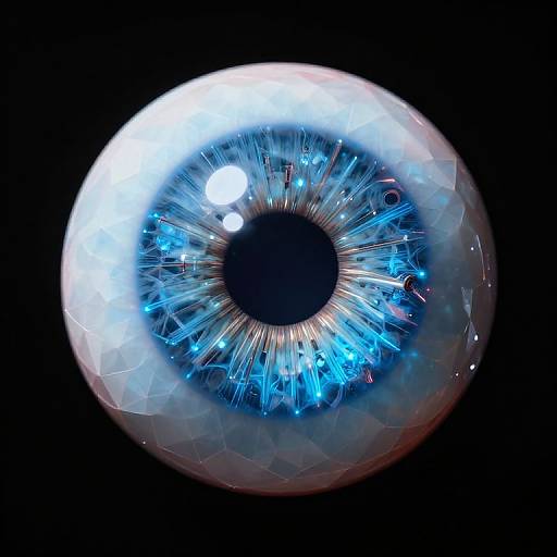 Digital artwork of a glowing, geometric blue eye with intricate, radiant blue and white patterns, set against a black background.