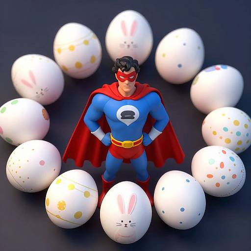 Photograph of a Superhero action figure in blue and red standing among white Easter eggs with colorful patterns.
