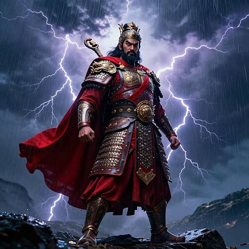 Photograph-style digital artwork of a bearded, armored king with a crown, red cape, and golden armor, standing on rocky terrain amidst a thunder