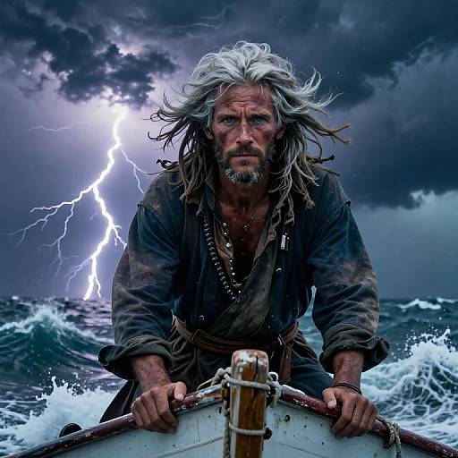 Photograph-style digital artwork of a rugged, gray-haired man with a beard, wearing a tattered brown shirt, gripping a wooden boat during a storm