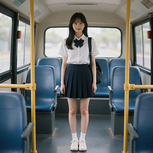 Ultra-Realistic Smiling Schoolgirl on Bus