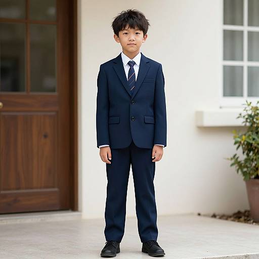 Photograph of a young Asian boy in a dark blue, three-piece suit with a white shirt and black tie, standing in front of a wooden door