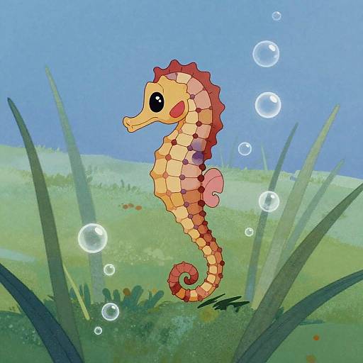Cartoon seahorse with colorful, segmented body floats in blue underwater scene with bubbles and green seaweed, bright and cheerful style.