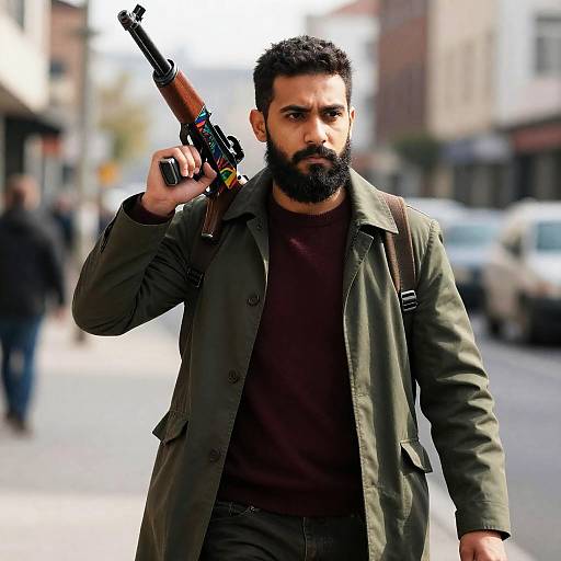 Serious Man with Patterned Rifle in City