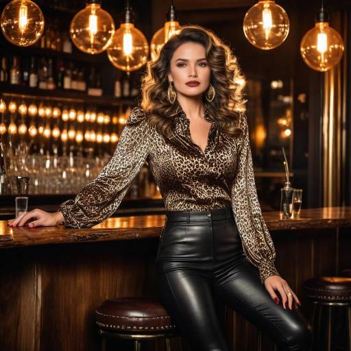 Elegant woman in leopard print blouse at bar