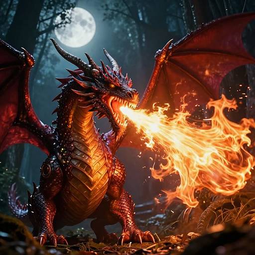 Photograph of a fierce, red-scaled dragon with glowing orange breath, standing in a dark, moonlit forest, wings spread, fire illuminating