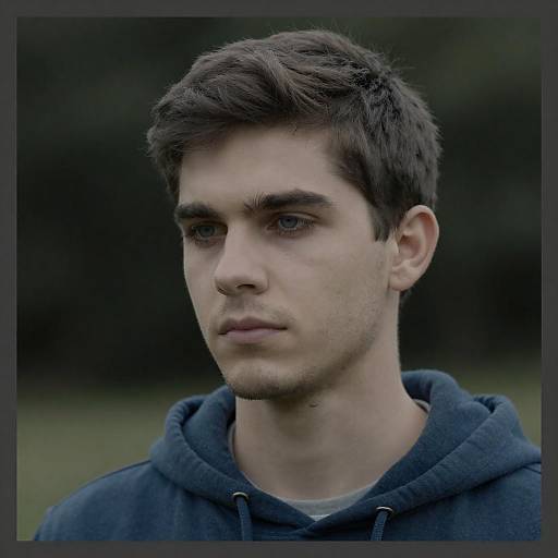 Serious Young Man in Blue Hoodie