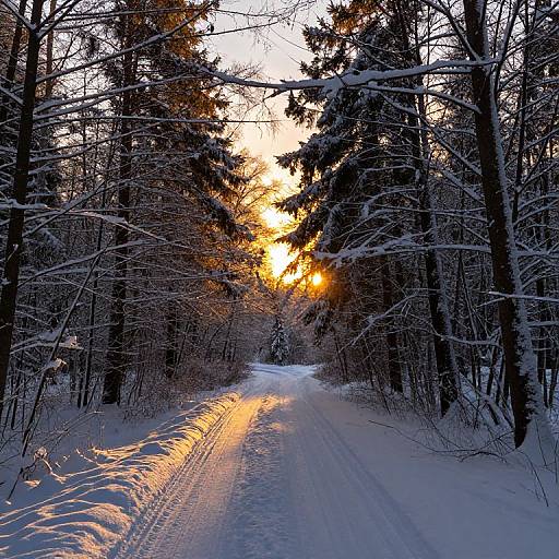 Winter Sunset in Snowy Forest