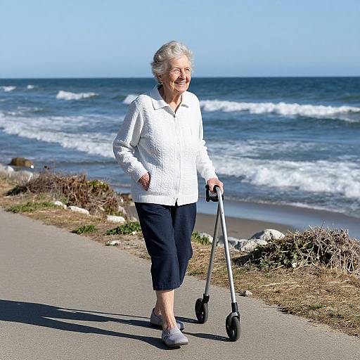 Photograph of an elderly woman with white hair, wearing a white sweater and black pants, using a walker on a coastal path with ocean waves in the