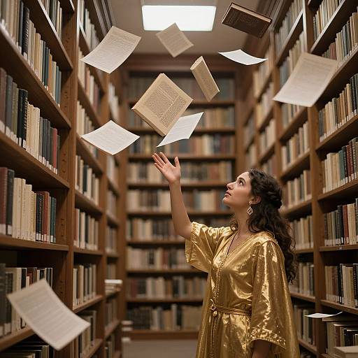 Photograph of a curly-haired woman in a gold dress, reaching up as books and papers float magically in a library aisle.