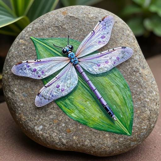 Photograph of a detailed, purple and blue dragonfly with patterned wings, painted on a green leaf, placed on a textured rock.