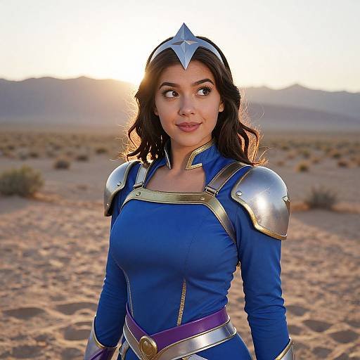 Photorealistic CGI of a Latina woman with long black hair in a blue superhero costume with silver armor, star headpiece, and desert sunset background.