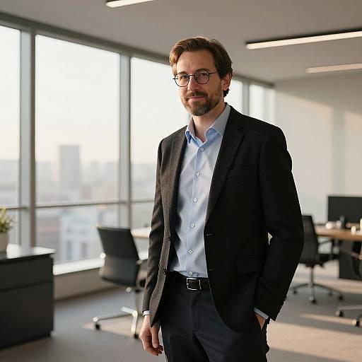 Photograph of a bearded man with glasses, wearing a black suit and blue shirt, standing in a modern, sunlit office with large windows and