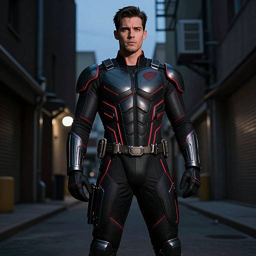 Photograph of a muscular man in a black, red-accented, armored suit standing in a dimly lit urban alley at dusk.