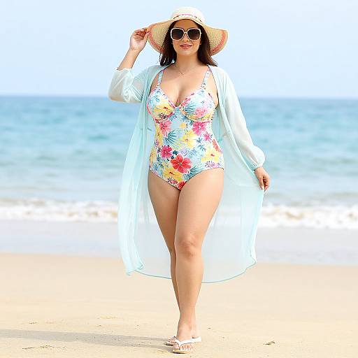 Photograph of a curvy woman with medium brown skin, wearing a floral one-piece swimsuit, light blue cardigan, wide-brimmed hat