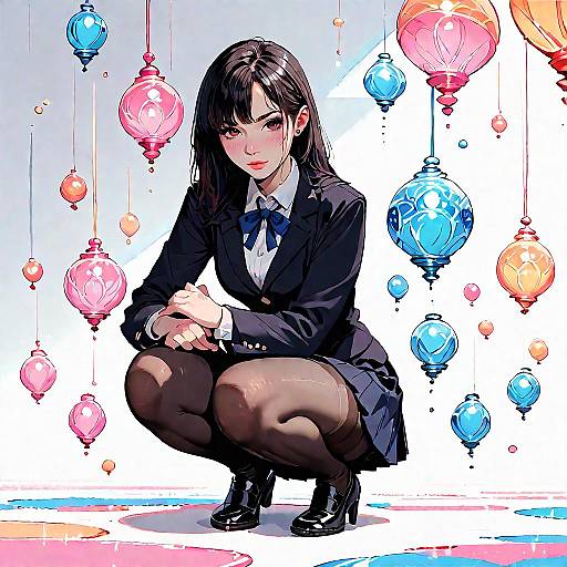 Squatting Anime Girl in Black Nylon