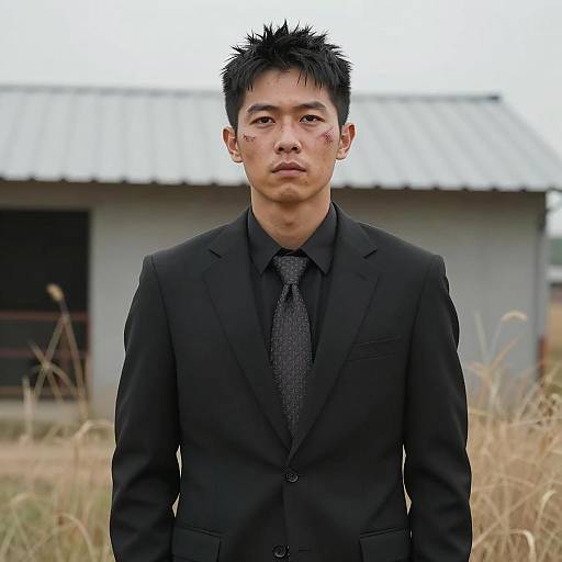 Asian Man in Black Suit with Facial Scars Outdoors