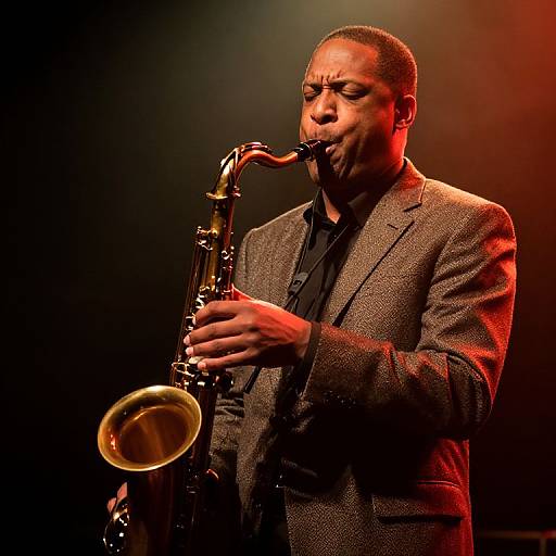 Photograph of a black man in a gray blazer, playing a saxophone on stage, illuminated by red and yellow lights.