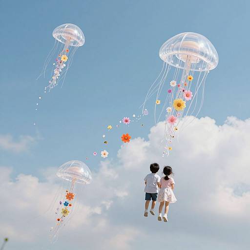 Children Riding Jellyfish Through Floral Skies