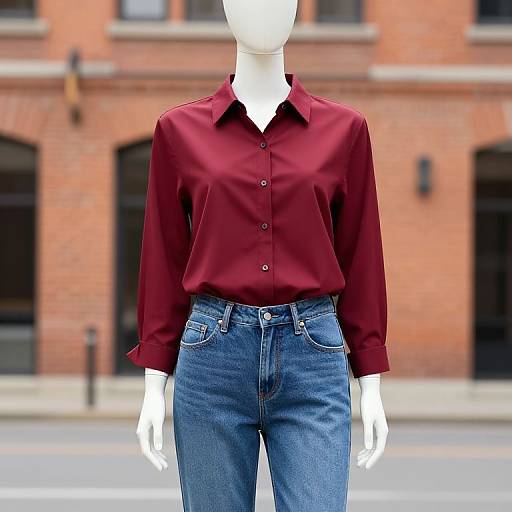 Photograph of a white mannequin wearing a maroon button-up shirt and blue high-waisted jeans, standing on a city street with a