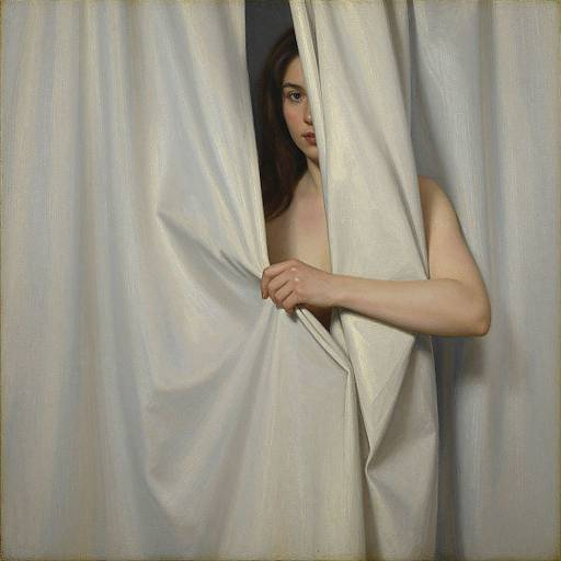Photograph of a pale-skinned woman with dark brown hair, partially hidden behind white, slightly wrinkled curtains, holding them open with her right hand