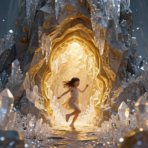 Photorealistic CGI: A young girl with long brown hair, wearing a white dress, runs through a glowing, crystal-filled cave with jagged,