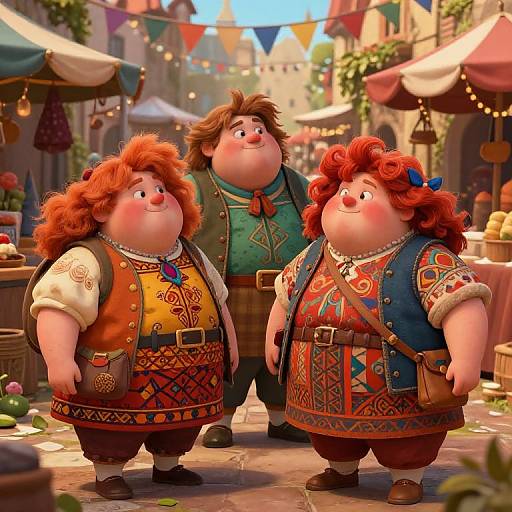 Digital illustration of three chubby, red-haired, fair-skinned, Viking-style people in colorful medieval attire, standing in a vibrant market street with stalls and