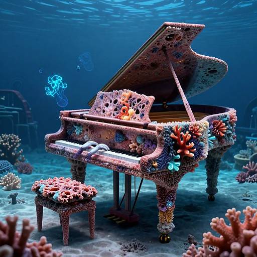 Photograph of a coral-covered grand piano underwater, surrounded by vibrant corals and a glowing jellyfish, in a deep blue ocean.