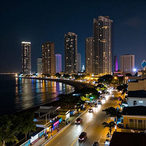 Nighttime photograph of a coastal city, featuring illuminated skyscrapers, colorful lights, reflecting on the water, busy streets, and palm trees.