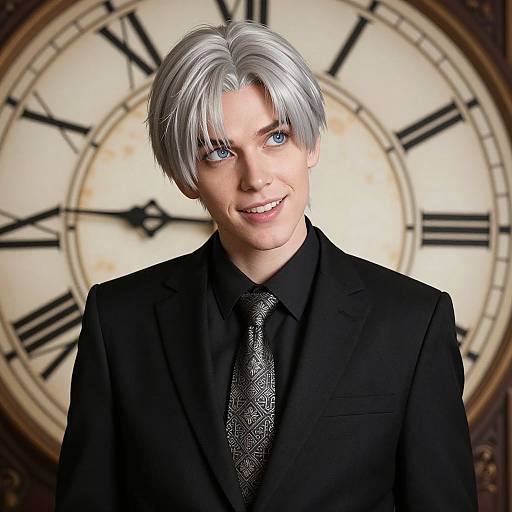 Photorealistic digital portrait of a smiling man with silver hair, blue eyes, wearing a black suit and tie, against a large antique clock background.